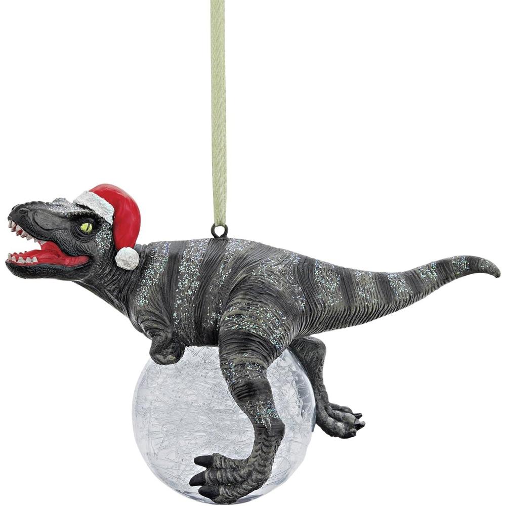 imageDesign Toscano Blitzer the T Rex Dinosaur Christmas Tree Ornament 5 Inch Long Cast Stone Resin with Glass Ball Green Glitter FinishBlitzer
