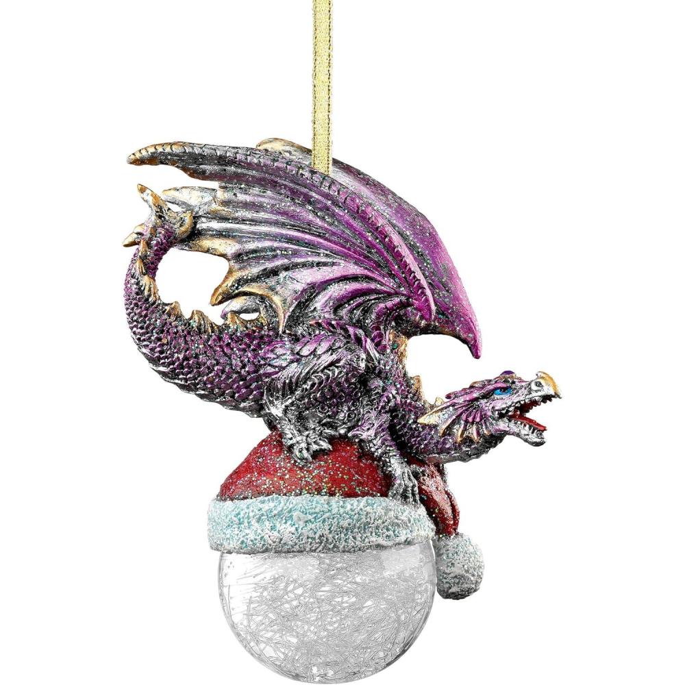 imageDesign Toscano Blitzer the T Rex Dinosaur Christmas Tree Ornament 5 Inch Long Cast Stone Resin with Glass Ball Green Glitter FinishNorth Pole