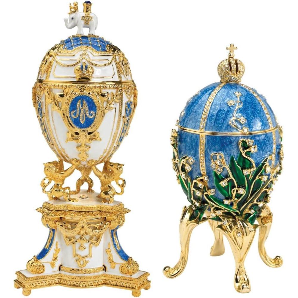 imageDesign Toscano QF93069 Empress Valentina and Empress Galina Romanov Style Collectible Enameled Eggs 9 Inch Set of Two Pewter Blue and WhiteSet of 2