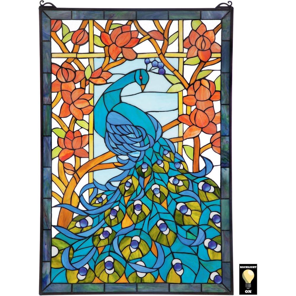 imageDesign Toscano Stained Glass Panel Peacocks Sunset Stained Glass Window Hangings  Window Treatments 1000quot x 050quotParadise