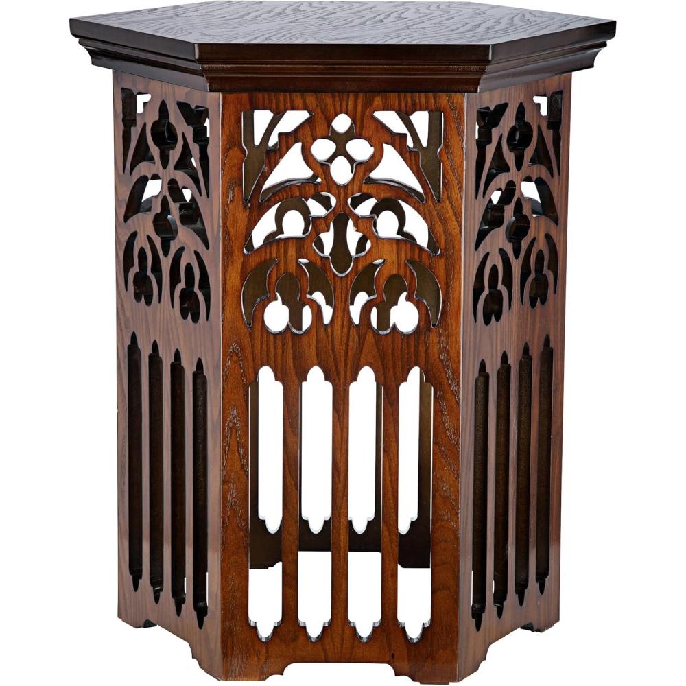 imageDesign Toscano Thomas Aquinas Gothic Tracery Bookcase Side Table 15 inches Wide 31 inches Tall Hardwood Walnut FinishHexagonal