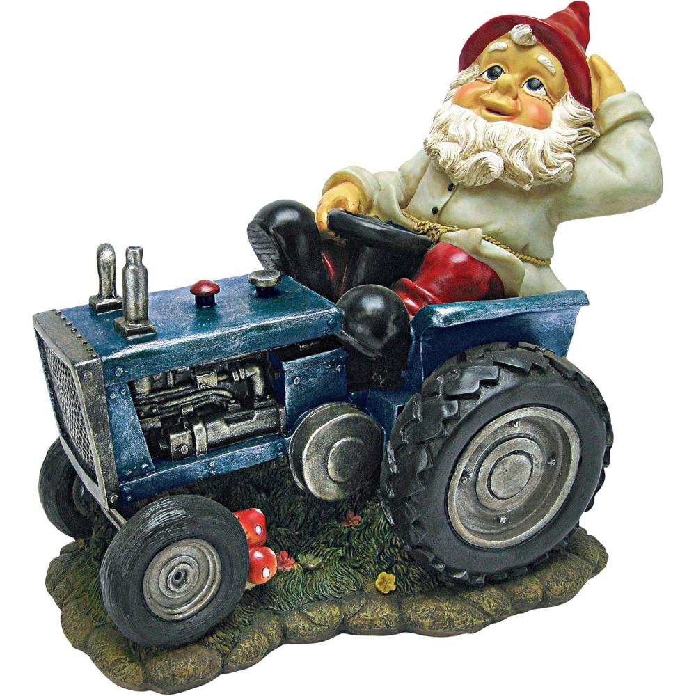 imageGarden Gnome Statue  Plowing Pete Garden Gnome Tractor  Lawn Gnome