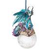 Design Toscano Blitzer the T Rex Dinosaur Christmas Tree Ornament, 5 Inch Long, Cast Stone Resin with Glass Ball, Green Glitter Finish(Frost)