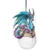 Design Toscano Blitzer the T Rex Dinosaur Christmas Tree Ornament, 5 Inch Long, Cast Stone Resin with Glass Ball, Green Glitter Finish(Frost)