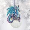 Design Toscano Blitzer the T Rex Dinosaur Christmas Tree Ornament, 5 Inch Long, Cast Stone Resin with Glass Ball, Green Glitter Finish(Frost)