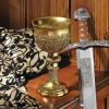 Design Toscano Golden Chalice King Arthur Statue Medieval Decor Decorative Gothic Goblet Sculpture, 9 Inch, Cast Stone Resin, Metallic Gold Finish