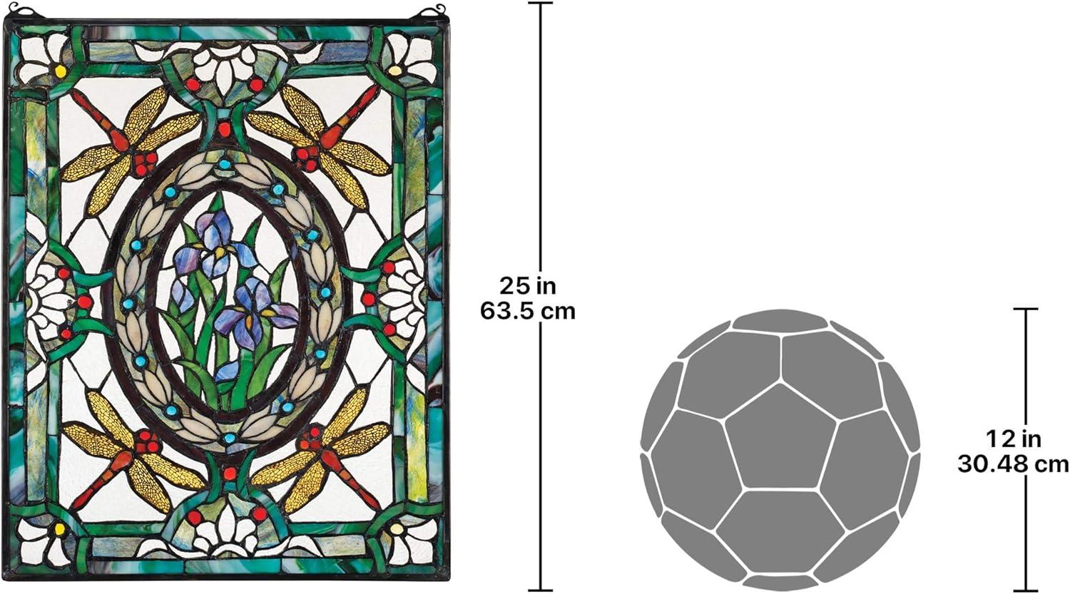 imageDesign Toscano Dragonfly Floral Stained Glass Window Hanging Panel with Scrolled Brackets 19 Inches Wide 25 Inches High 300 Piece Count Blue Green Red
