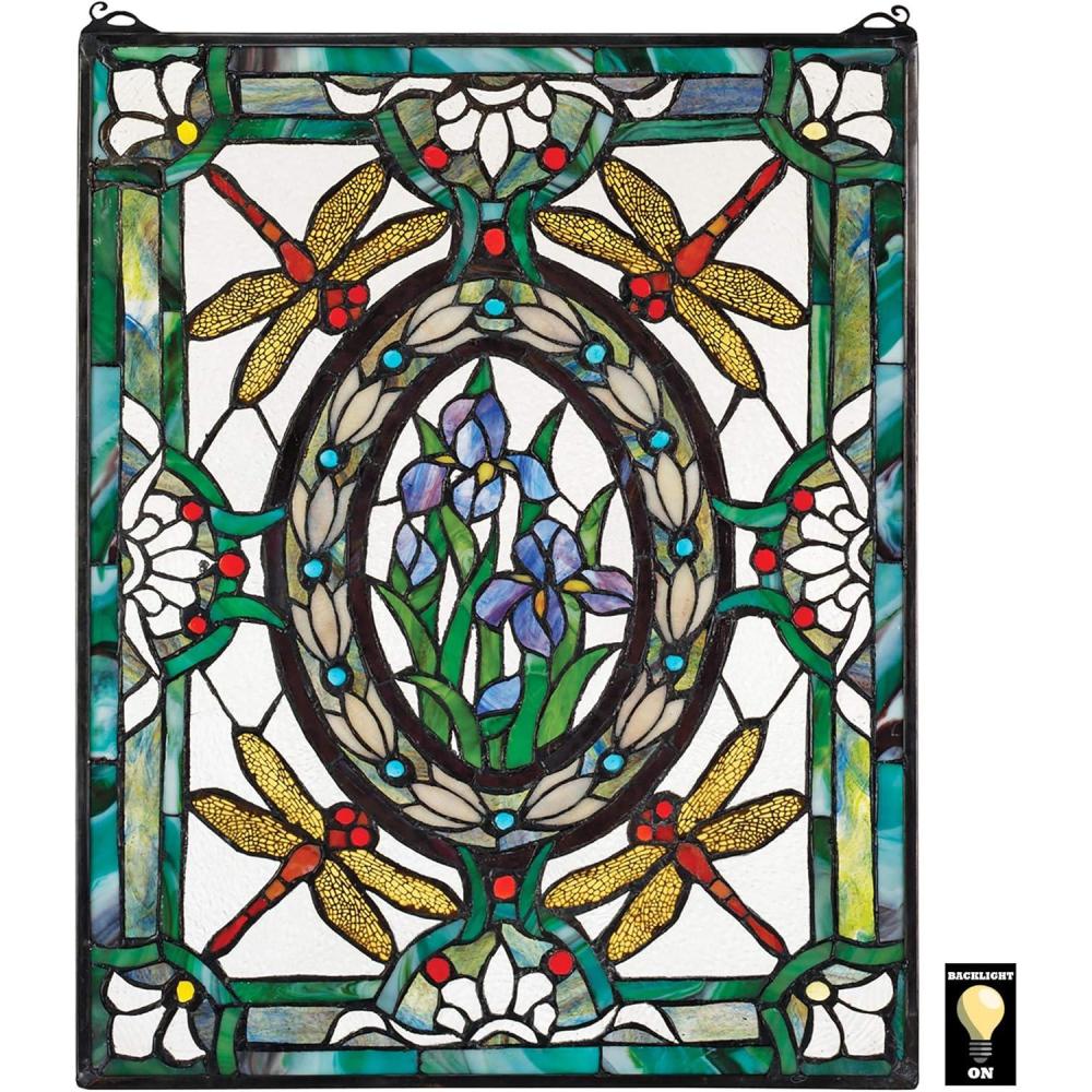 imageDesign Toscano Dragonfly Floral Stained Glass Window Hanging Panel with Scrolled Brackets 19 Inches Wide 25 Inches High 300 Piece Count Blue Green Red