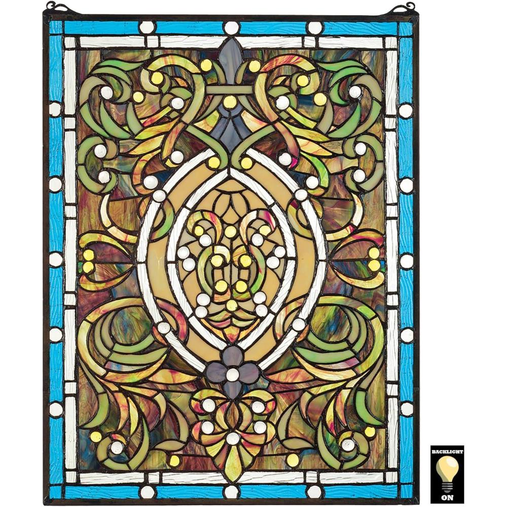 imageDesign Toscano Elmslie Arts and Crafts Stained Glass Window Green ampamp Amber GeometricBeguiled In Blue Stained Glass Window