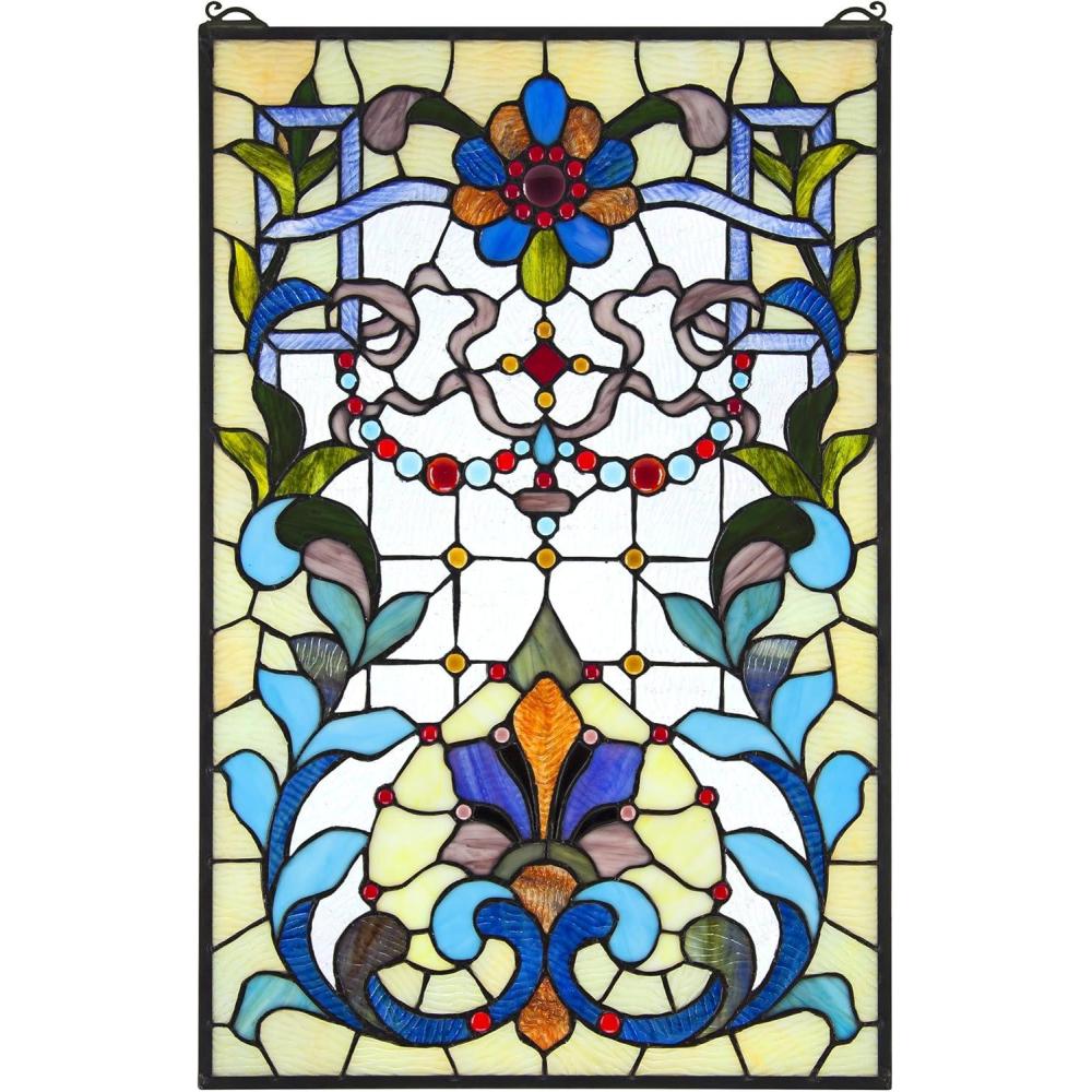 imageDesign Toscano Elmslie Arts and Crafts Stained Glass Window Green ampamp Amber GeometricBonifacio Stained Glass Window