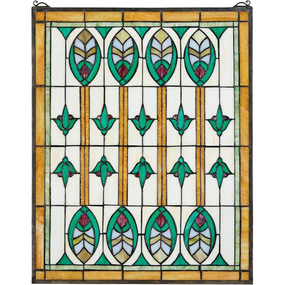 imageDesign Toscano Elmslie Arts and Crafts Stained Glass Window Green ampamp Amber GeometricElmslie Arts Crafts Window