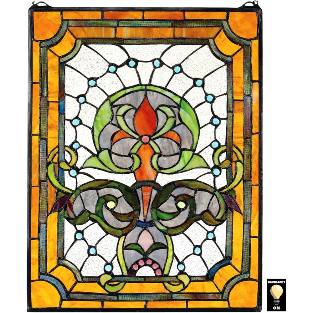 imageDesign Toscano Elmslie Arts and Crafts Stained Glass Window Green ampamp Amber GeometricKendall Manor Window