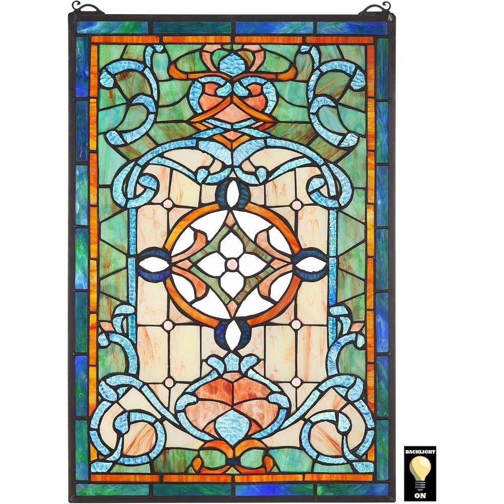 imageDesign Toscano Elmslie Arts and Crafts Stained Glass Window Green ampamp Amber GeometricLeigh Blue Green Stained Glass
