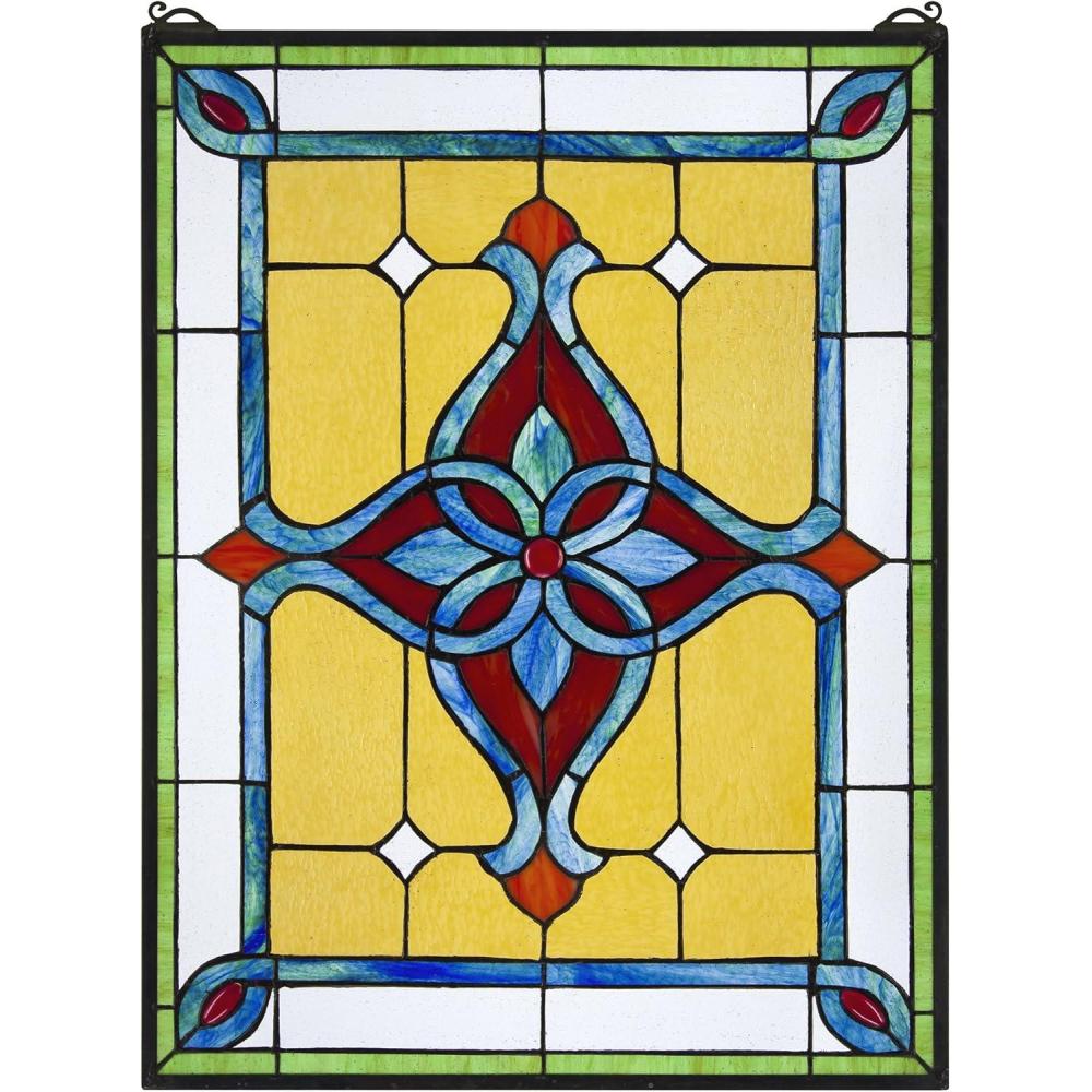 imageDesign Toscano Elmslie Arts and Crafts Stained Glass Window Green ampamp Amber GeometricSt Katherines Row Stained Glass Window