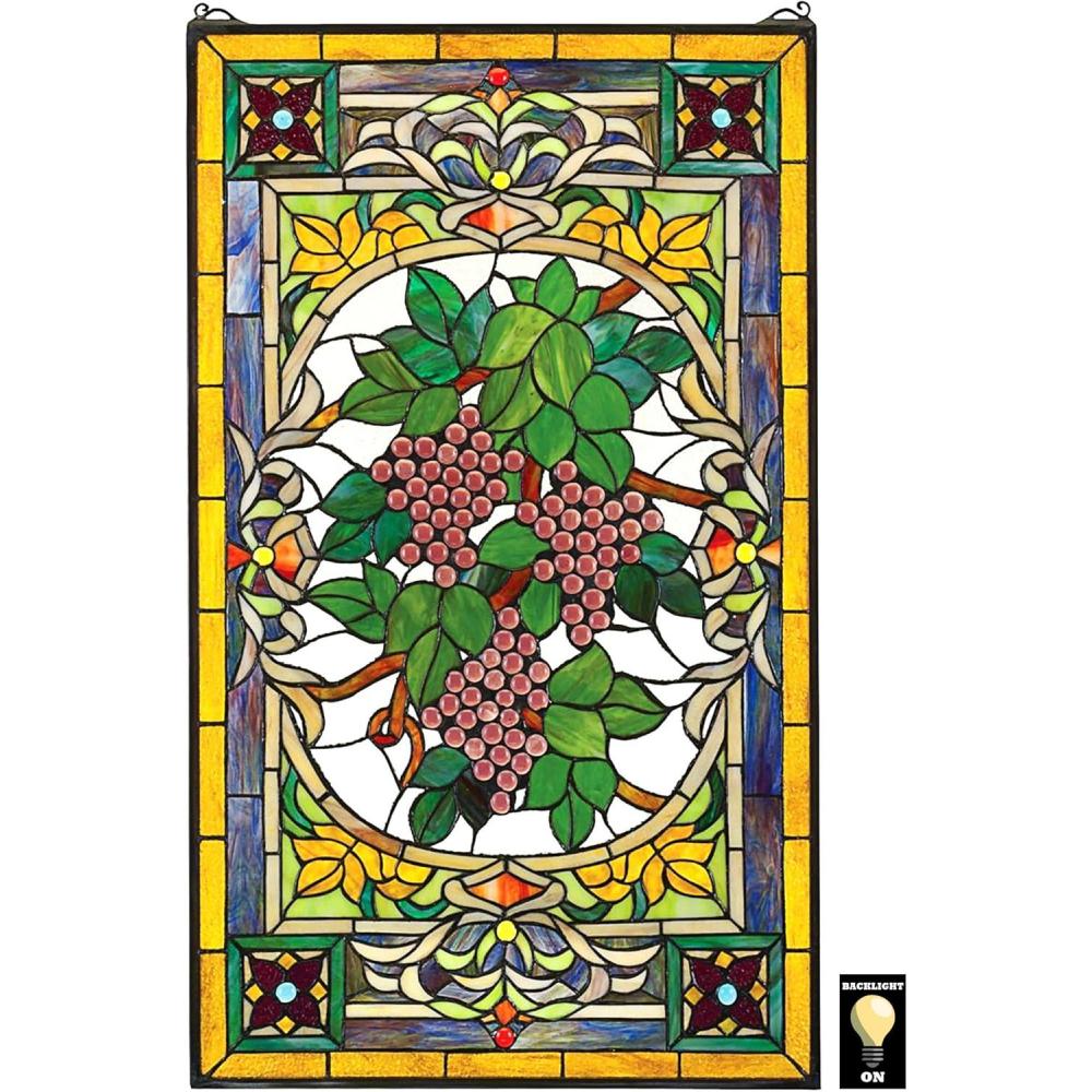 imageDesign Toscano Stained Glass Panel Fruit of the Vine Grape Stained Glass Window Hangings Window Treatments Grapes With Amber BorderFruit Of The Vine Stained Glass Window