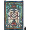 Design Toscano Elmslie Arts and Crafts Stained Glass Window, Green & Amber Geometric(Leigh Blue & Green Stained Glass)