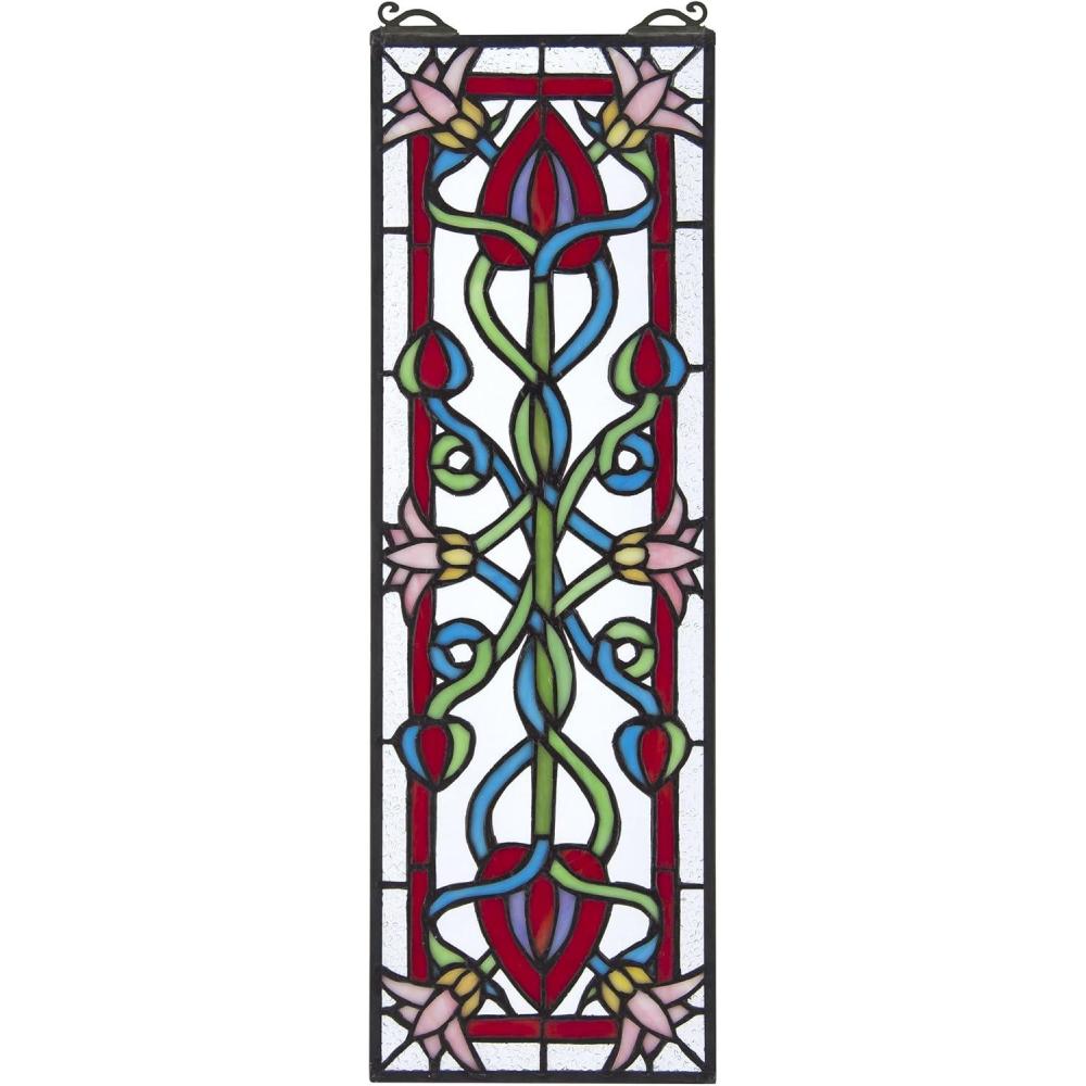 imageDesign Toscano Blackstone Hall Stained Glass Window Hanging Panel with Scrolled Brackets 9 Inches Wide 0 Inches Deep 35 Inches High Stained Glass Full Color FinishPink Dahlia