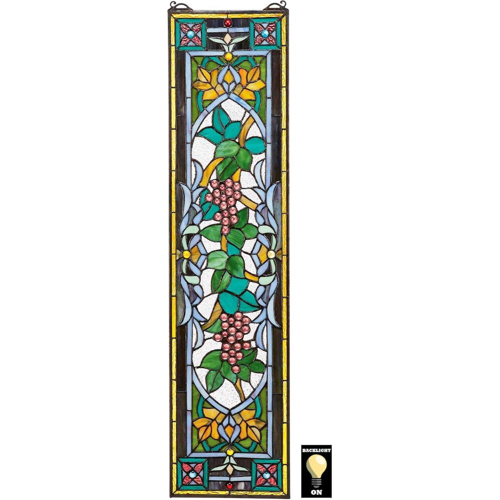 imageDesign Toscano Blackstone Hall Stained Glass Window Hanging Panel with Scrolled Brackets 9 Inches Wide 0 Inches Deep 35 Inches High Stained Glass Full Color FinishGrapes On the Vine