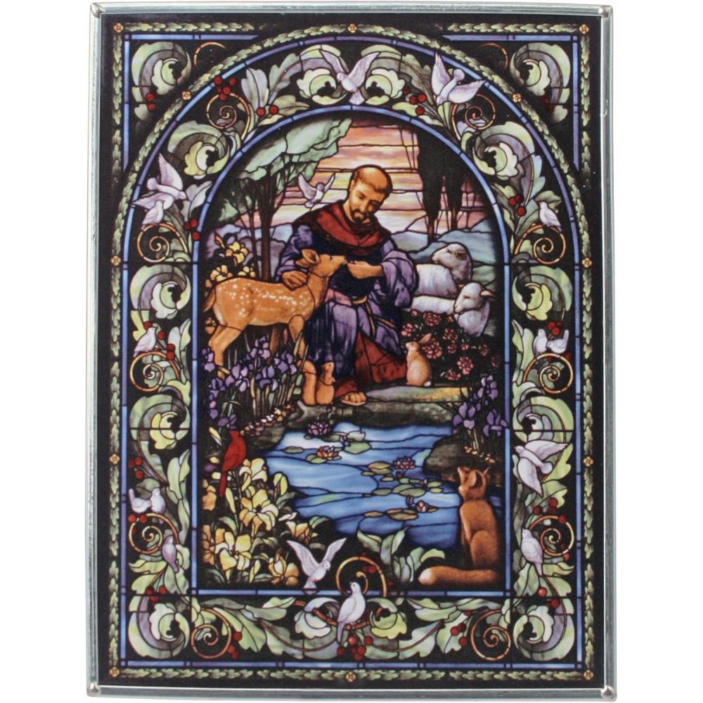imageDesign Toscano Francis of Assisi Patron of Animals Art Glass Suncatcher Window Panel 7 Inches Wide 9 Inches tall Stained Glass Full Color Enamel