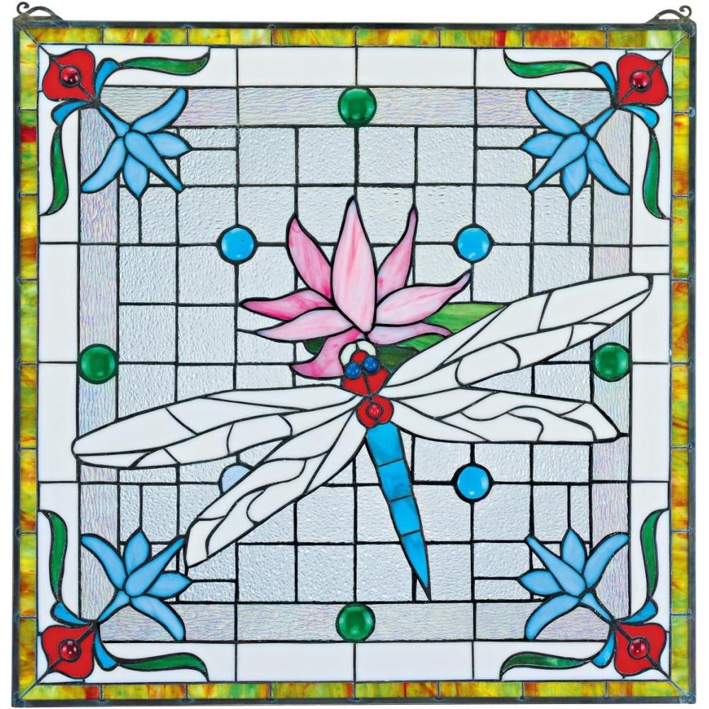 imageDesign Toscano Stained Glass Panel Dragonfly Pond 24W x 245H Wall Hanging Blossom Pink Handcrafted Stained Glass Sculpture