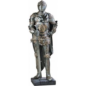 Design Toscano King’s Guard Medieval Decor Half Scale Knight Armor Gothic Statue, 39 Inch Tall, Cast Stone Resin, Metallic Finish with Faux Stone Base