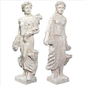 Design Toscano Flora and Proserpina, Patronesses of Growth Outdoor Garden Statues, Set of Two, 44 inch, Fiberglass Cast Stone Resin, Limestone Finish
