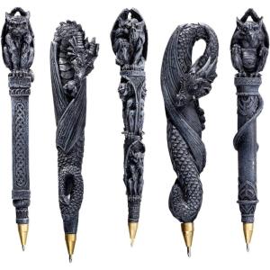 Design Toscano Gargoyles and Dragons Gothic Decor Sculptural Ball Point Pens Desk Accessories, 6 Inches Wide, 0 Inches Deep, 0 Inches High, Handcast Polyresin, Gray Stone Finish