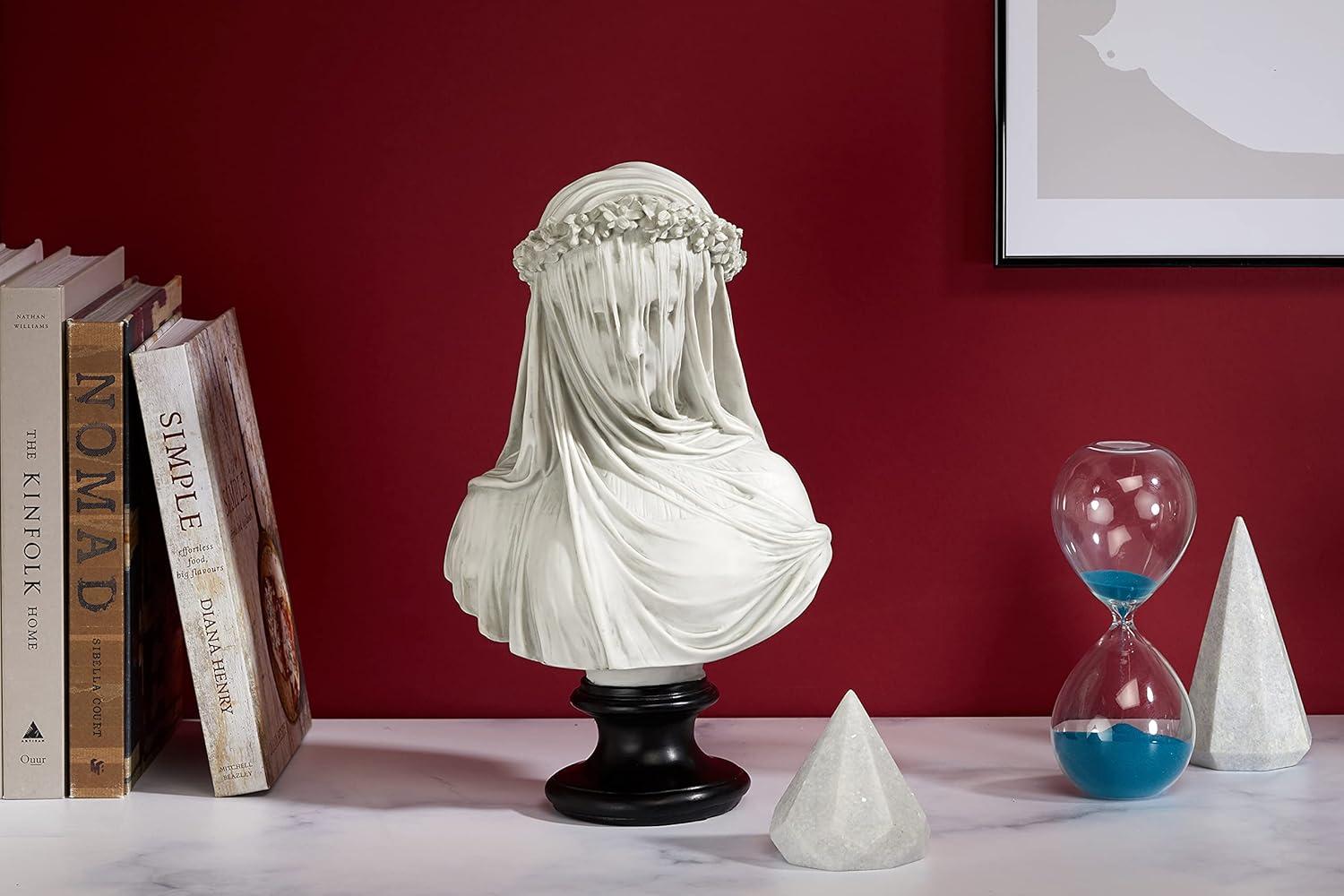 image:imageDesign Toscano Veiled Maiden Indoor Bust Statue 9 Inch Wide 14 Inch Tall Cast Stone Resin Antiqued White Finish with a Black Painted Base