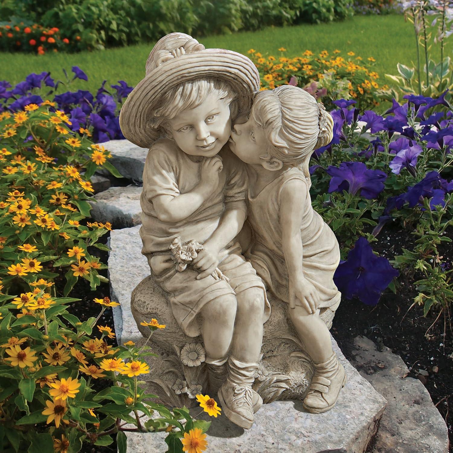 image:imageDesign Toscano Boy and Girl Garden Decor Statue 14 Inch Polyresin Antique StoneKissing Kids Boy and Girl