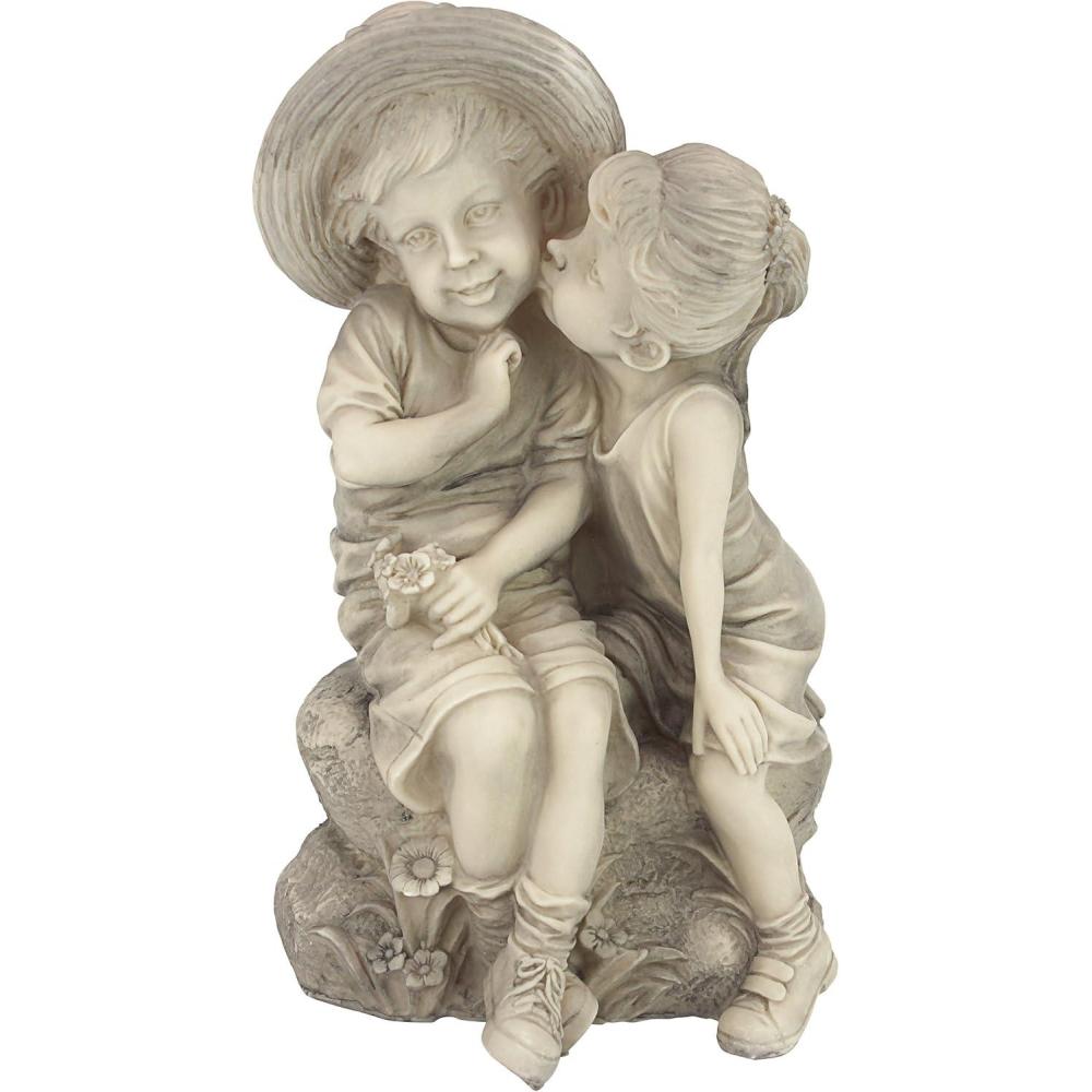 image:imageDesign Toscano Boy and Girl Garden Decor Statue 14 Inch Polyresin Antique StoneKissing Kids Boy and Girl