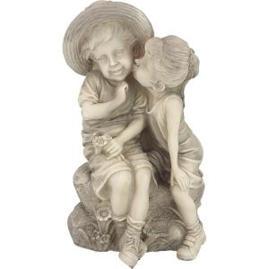 Design Toscano Boy and Girl Garden Decor Statue ,14 Inch, Polyresin, Antique Stone(Kissing Kids Boy and Girl)