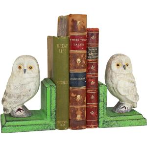 Design Toscano SP1601 Bookworm Bunny Rabbits Cast Iron Sculptural Bookend Pair, full color(Wise Snowy Owl)