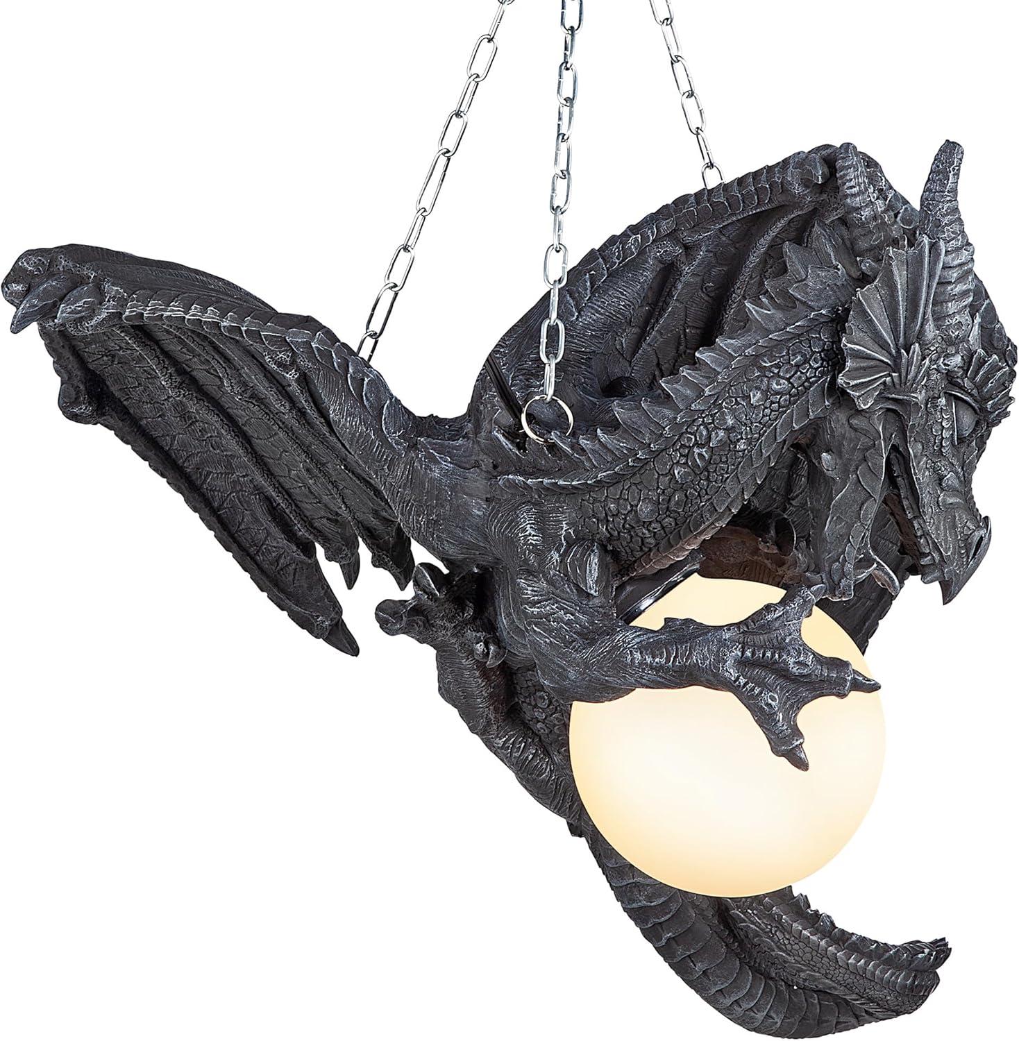image:imageDesign Toscano Nights Fury Dragon Gothic Decor Hanging Light Fixture Chandelier 21 Inches Wide 19 Inches Deep 15 Inches High Handcast Polyresin with Glass Globe Gray Stone Finish