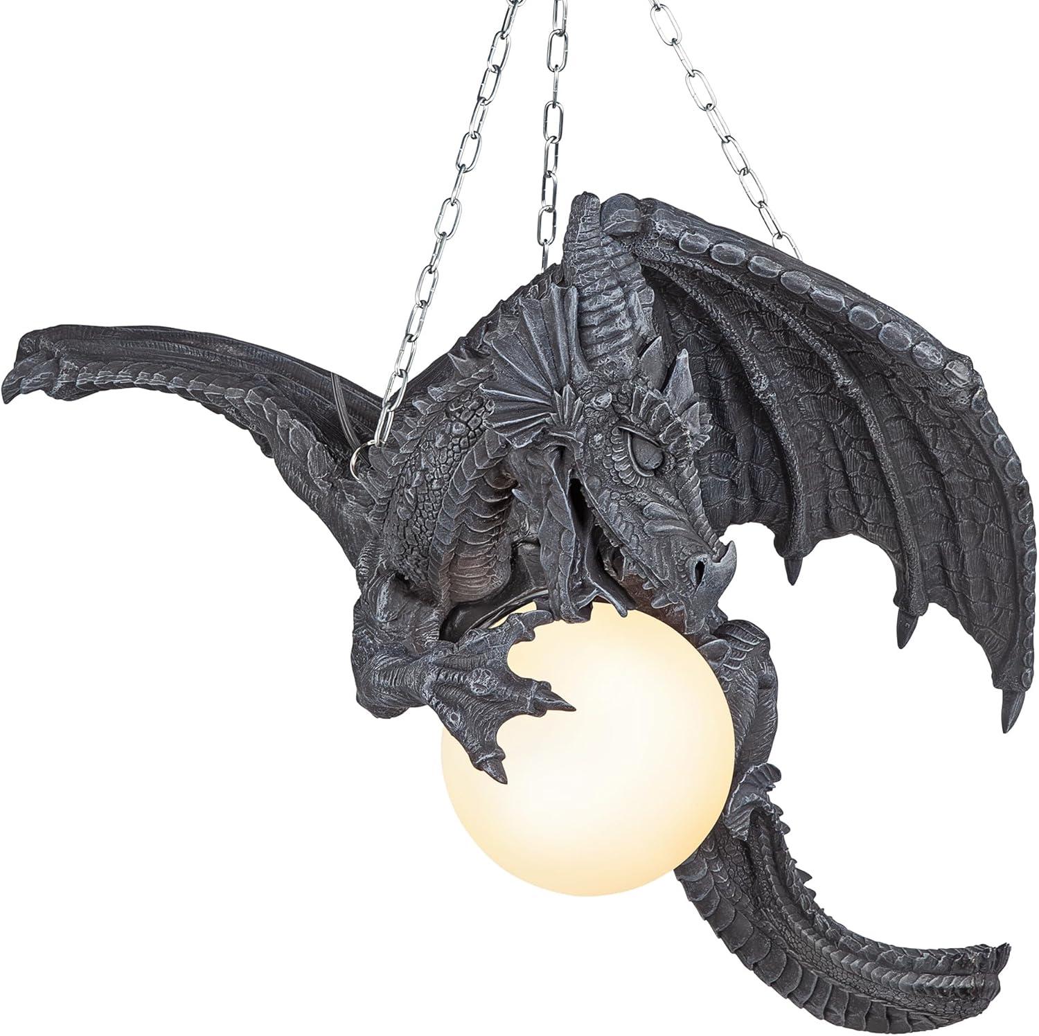 image:imageDesign Toscano Nights Fury Dragon Gothic Decor Hanging Light Fixture Chandelier 21 Inches Wide 19 Inches Deep 15 Inches High Handcast Polyresin with Glass Globe Gray Stone Finish
