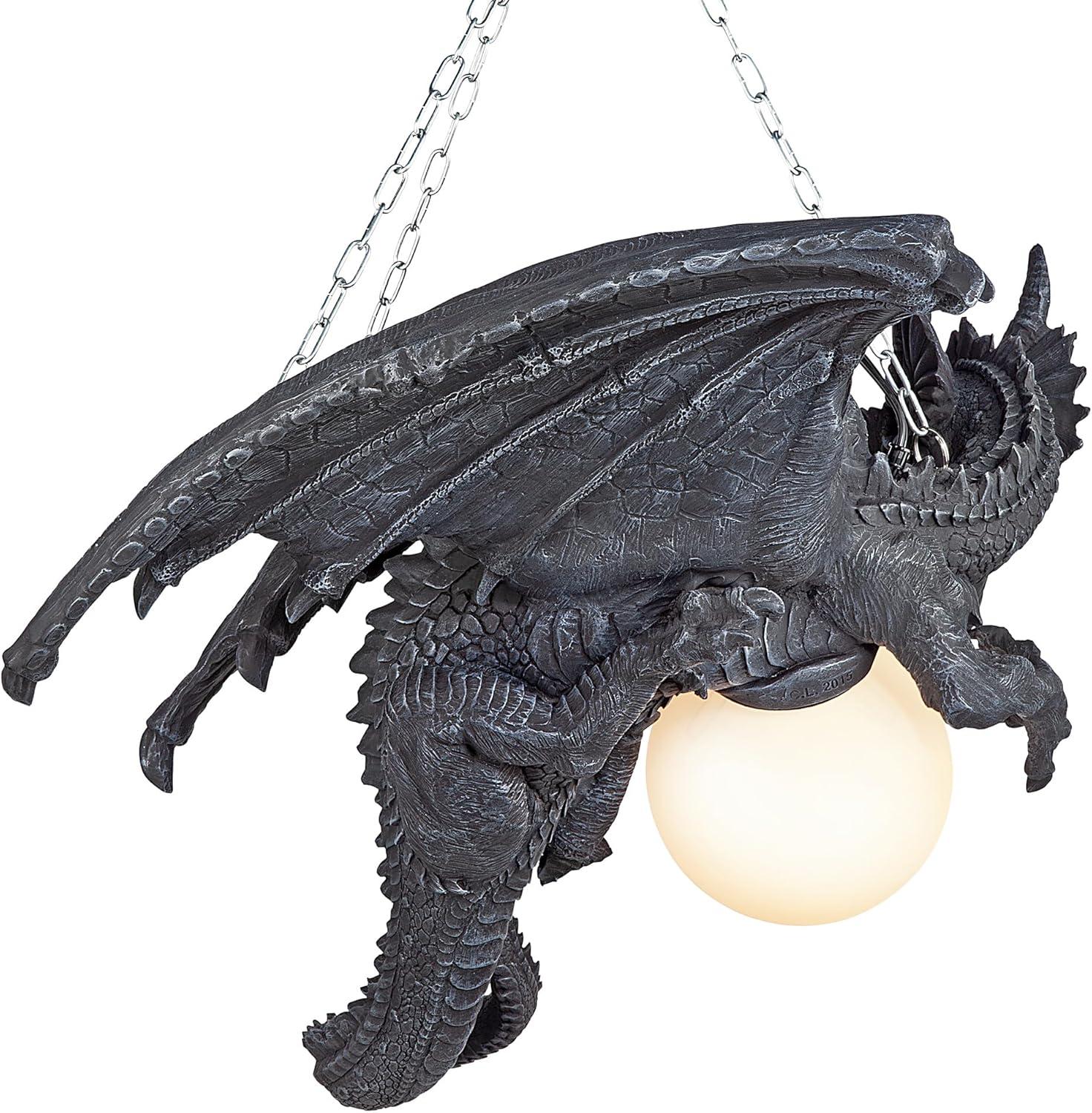 image:imageDesign Toscano Nights Fury Dragon Gothic Decor Hanging Light Fixture Chandelier 21 Inches Wide 19 Inches Deep 15 Inches High Handcast Polyresin with Glass Globe Gray Stone Finish
