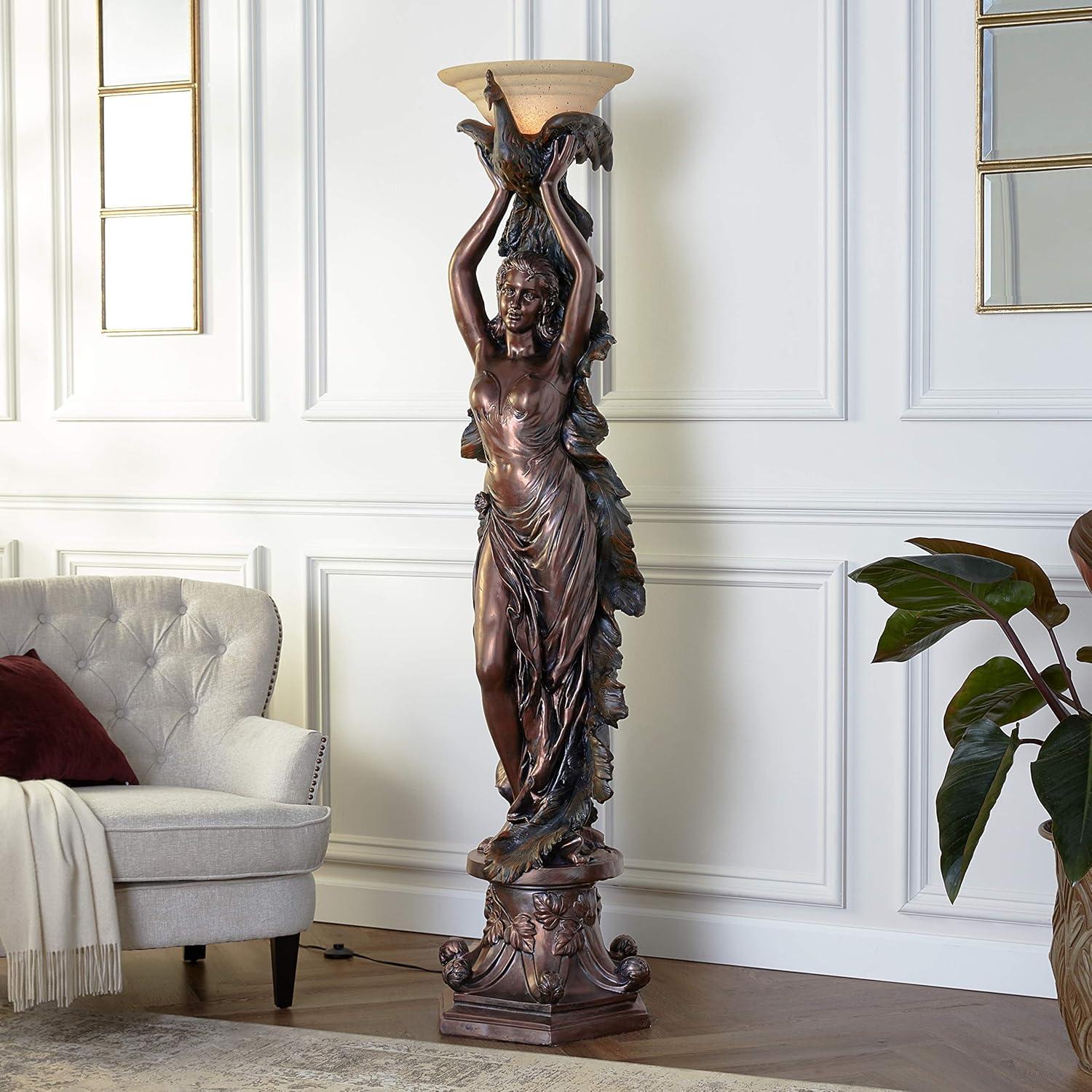 image:imageDesign Toscano Peacock Woman Sculptural Floor Torchiere Lamp 19 inches wide 74 inches tall Cast Stone Resin Bronze Finish
