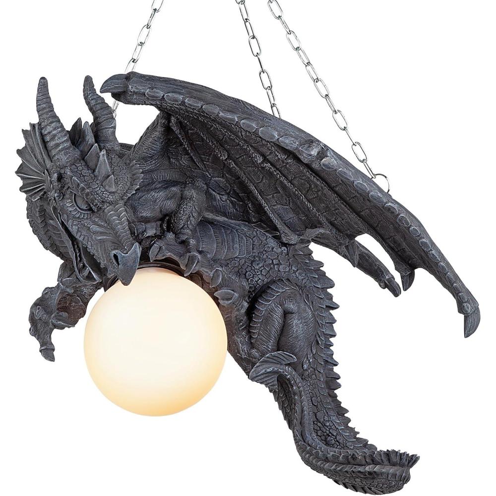 image:imageDesign Toscano Nights Fury Dragon Gothic Decor Hanging Light Fixture Chandelier 21 Inches Wide 19 Inches Deep 15 Inches High Handcast Polyresin with Glass Globe Gray Stone Finish