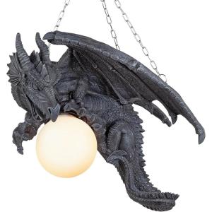 Design Toscano Nights Fury Dragon Gothic Decor Hanging Light Fixture Chandelier, 21 Inches Wide, 19 Inches Deep, 15 Inches High, Handcast Polyresin with Glass Globe, Gray Stone Finish
