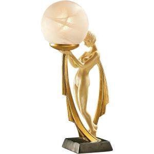 Design Toscano PD72501 Art Deco Patroness of the Stars Woman Glass Orb Lamp Figurine Statue, 5 inches wide, 21 inches tall, Handcast Polyresin, Faux Bronze & Black Marble Finish(Desiree)