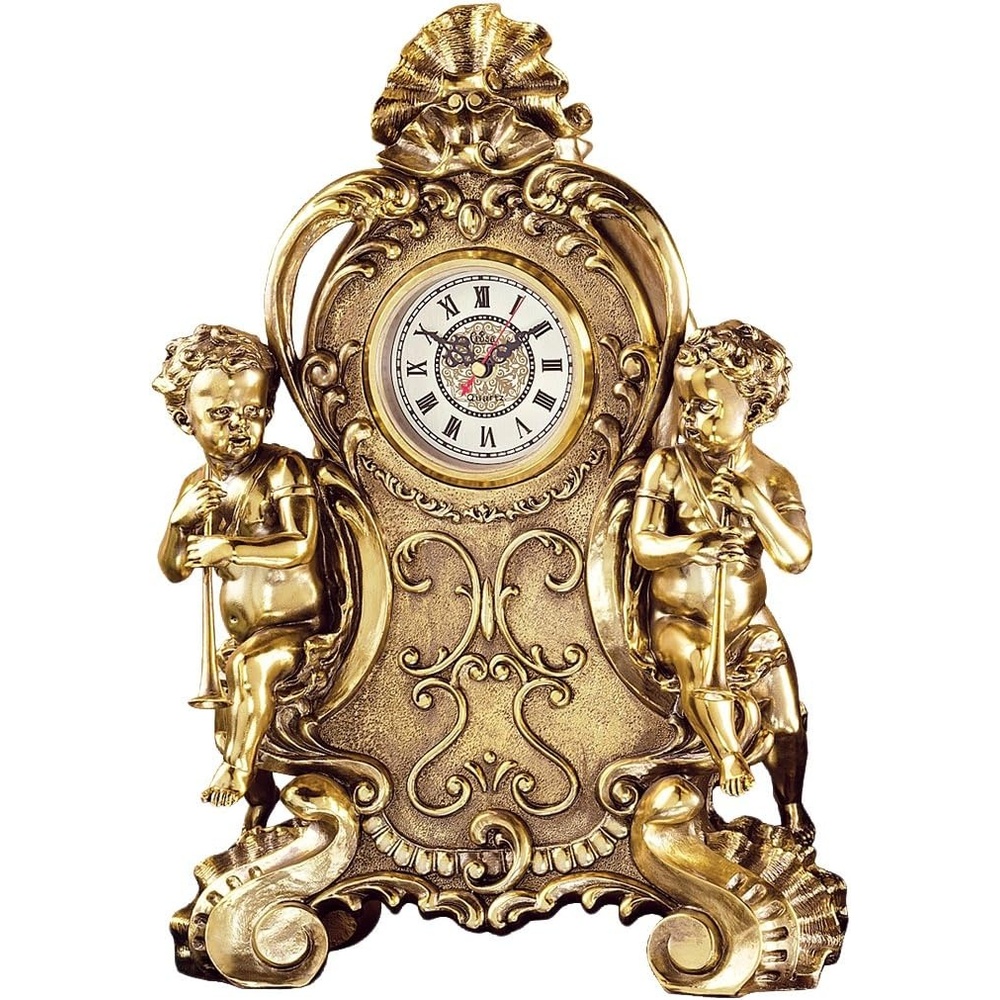 image:imageDesign Toscano Remy Cherubs Angel Mantel Clock 13 inches wide 19 inches tall Cast Stone Resin Antique Gold Finish