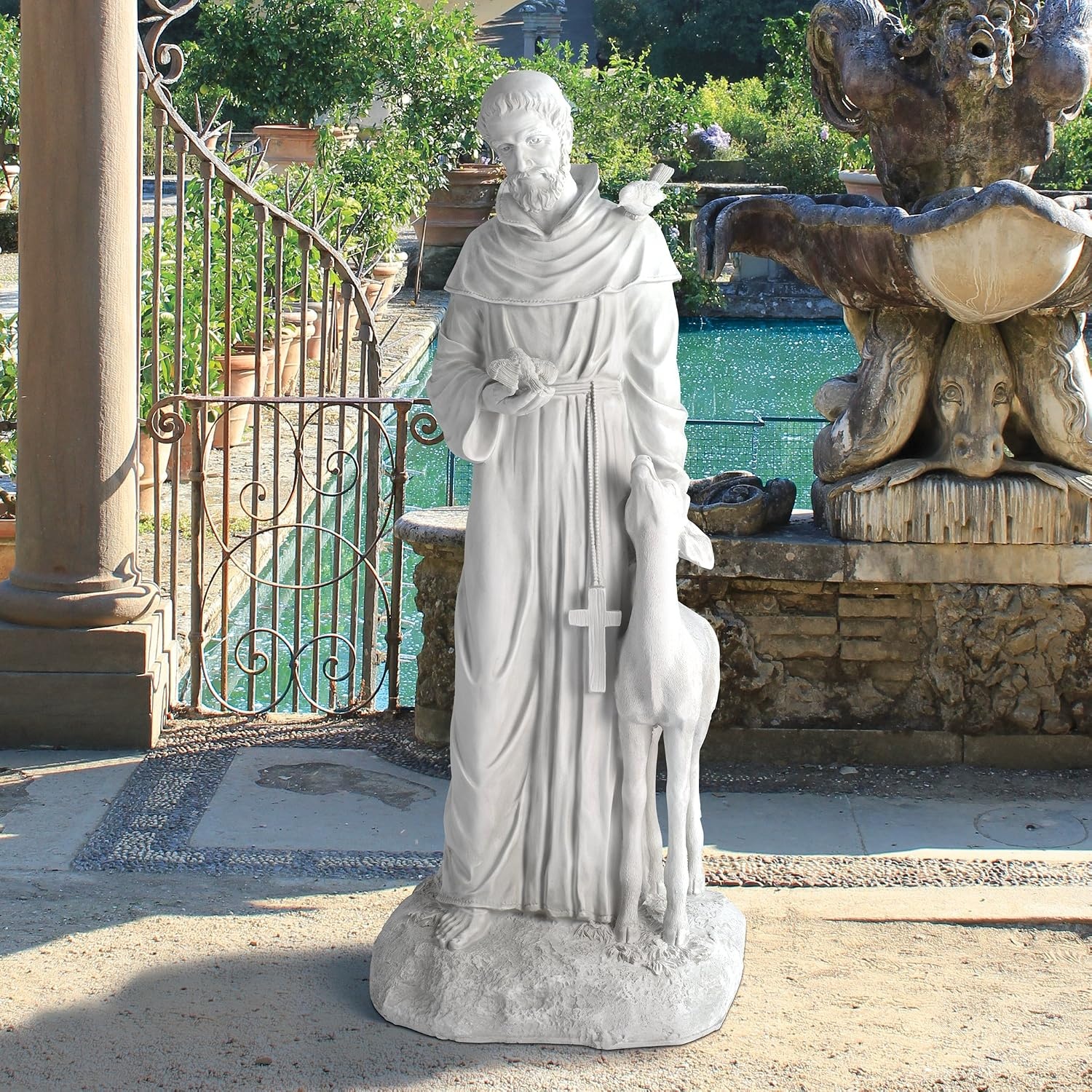image:imageDesign Toscano Francis of Assisi Reflection Pool Outdoor Garden Statue Birdbath 7 inches wide 16 inches tall Cast Stone Resin Antique Stone FinishAntique Stone