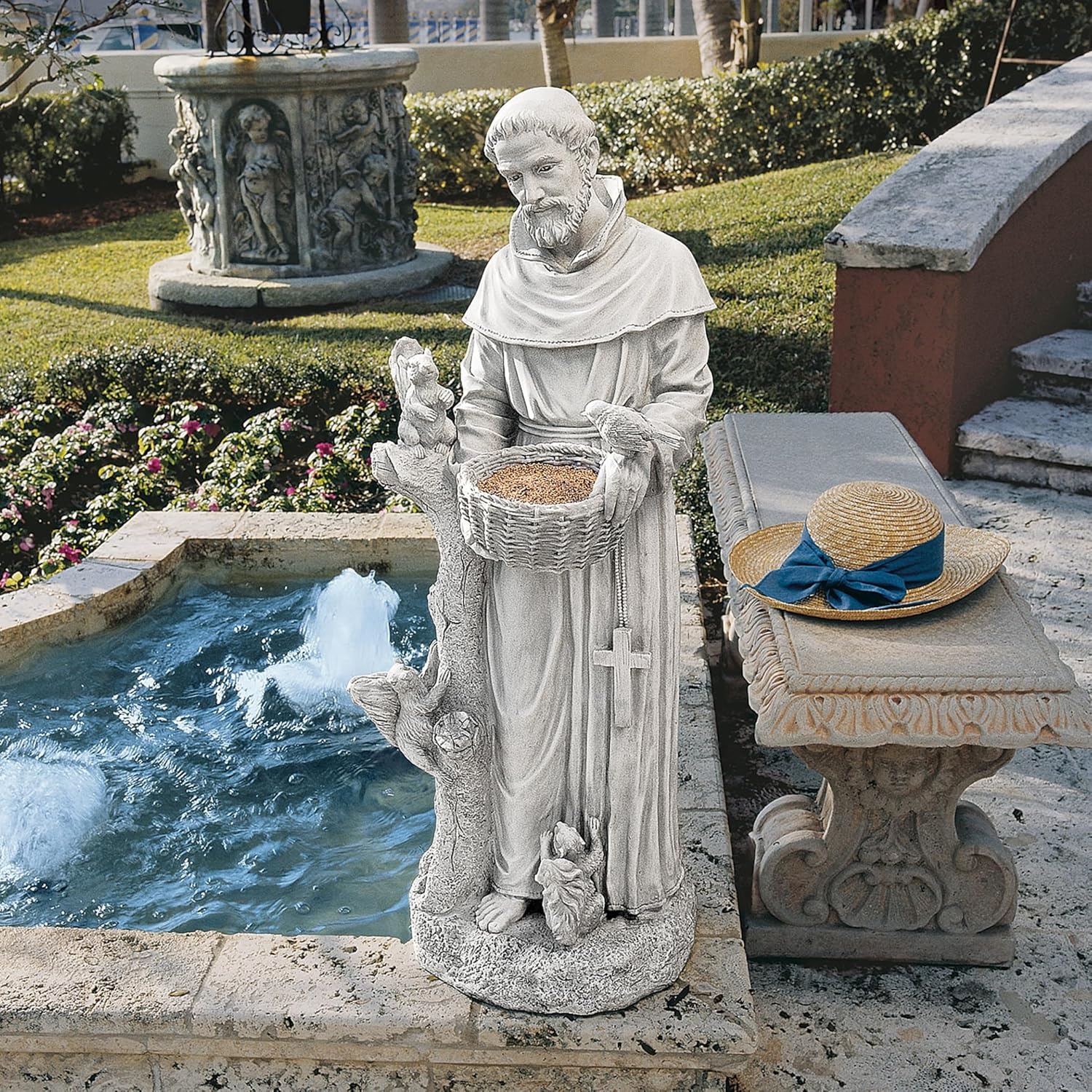 image:imageDesign Toscano Francis of Assisi Reflection Pool Outdoor Garden Statue Birdbath 7 inches wide 16 inches tall Cast Stone Resin Antique Stone FinishAntique Stone